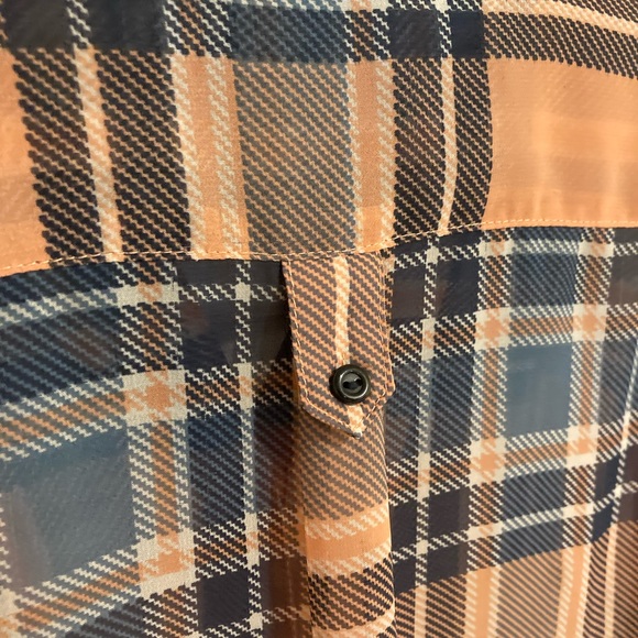 SOLD fun 2 fun Plaid Sheer Roll Sleeve Hi Low Blouse in Peachy Pink and Navy - Picture 6 of 6